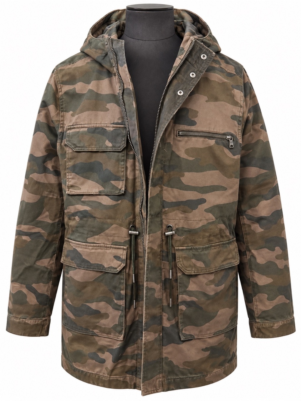 H&M Men's Camouflage Hooded Field Jacket in Green and Brown